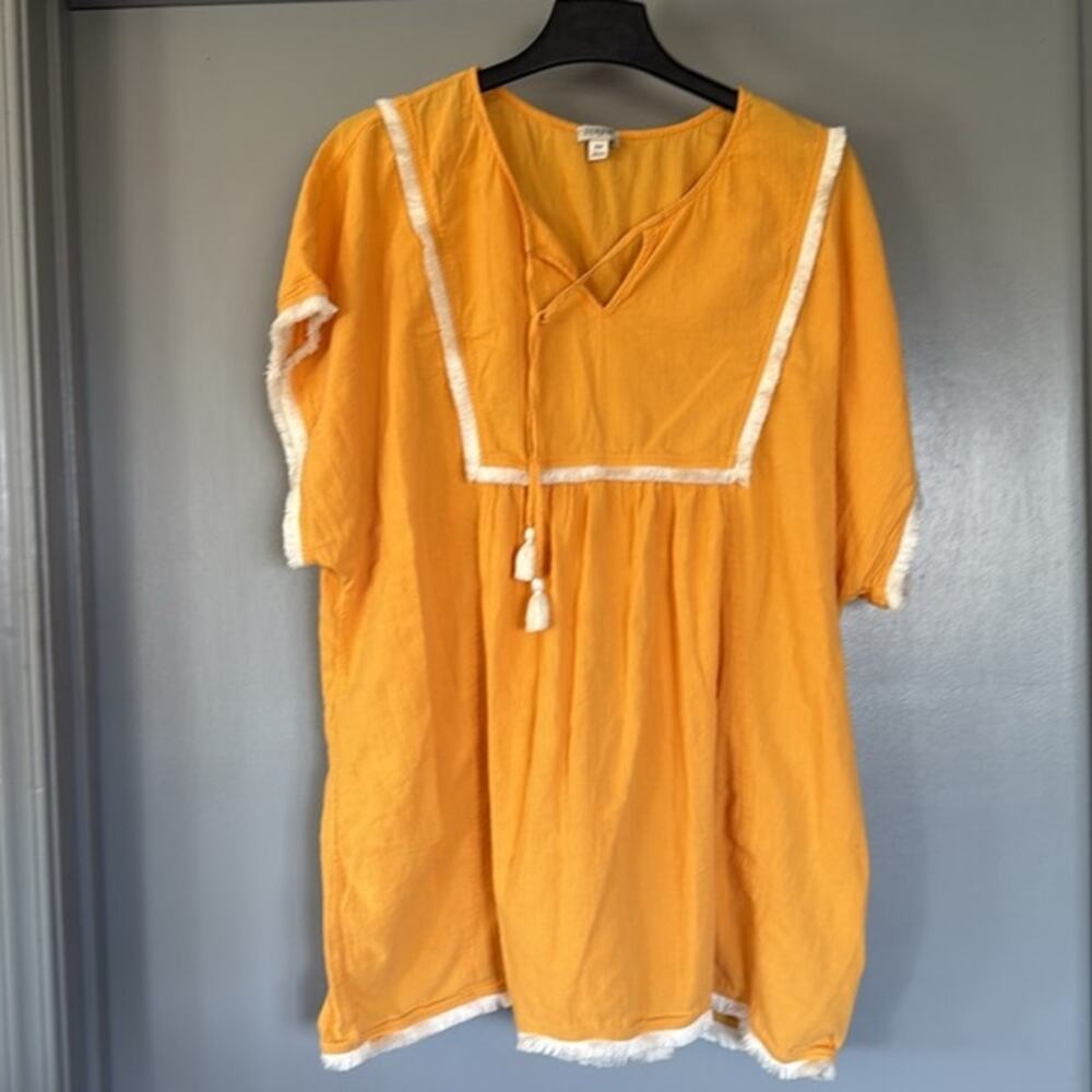 J. Crew Gold White V-Neck Short Sleeved Top 100% Cotton Fringed sz 2X Boho